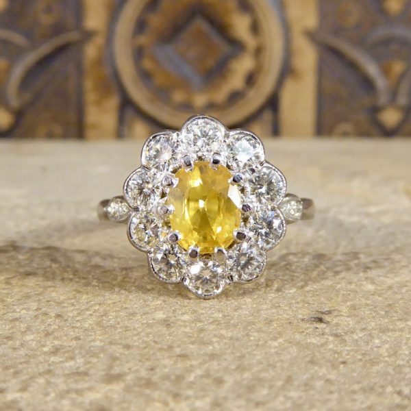 Edwardian Style Yellow Sapphire and Diamond Cluster Ring