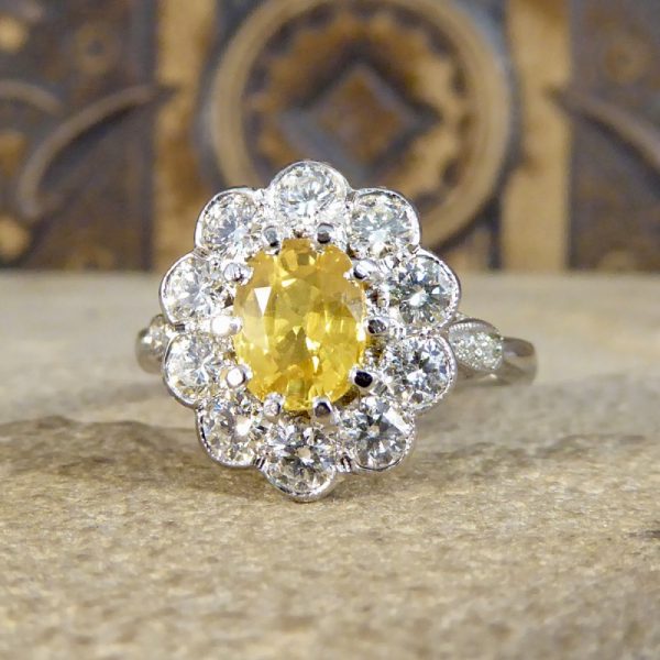 Edwardian Style Yellow Sapphire and Diamond Cluster Ring
