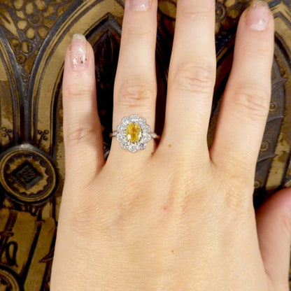 Edwardian Style Yellow Sapphire and Diamond Cluster Ring