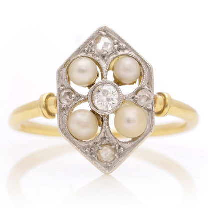 Edwardian Antique Old Cut Diamond and Pearl Plaque Ring