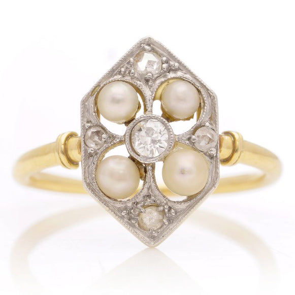 Edwardian Antique Old Cut Diamond and Pearl Plaque Ring