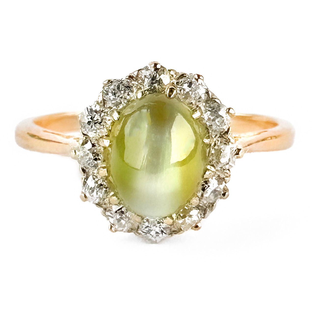 Edwardian Chrysoberyl Cat’s Eye And Diamond Cluster Ring