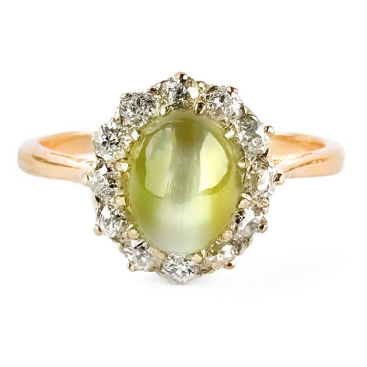 Edwardian Chrysoberyl Cat’s Eye And Diamond Cluster Ring