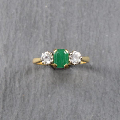 Vintage Emerald and Diamond Three Stone Ring in 18ct Gold