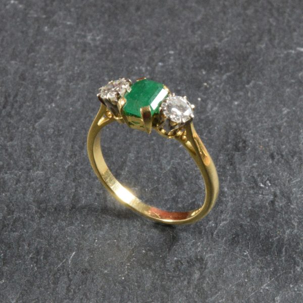 Vintage Emerald and Diamond Three Stone Ring in 18ct Gold