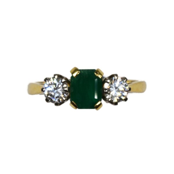 Vintage Emerald and Diamond Three Stone Ring in 18ct Gold