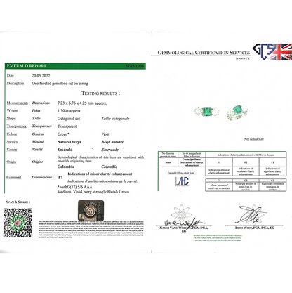 Certified 1.30ct Colombian Emerald and Diamond Three Stone Engagement Ring