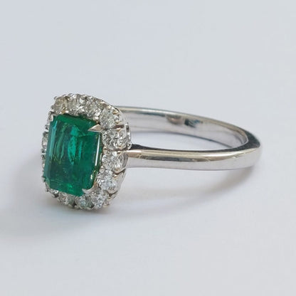 Emerald Cut Emerald and Diamond Cluster Ring in 18ct Gold, 1.13 carats