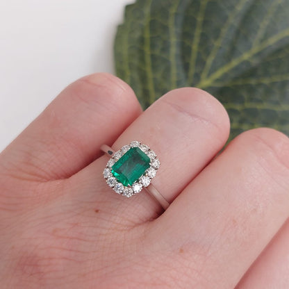 Emerald Cut Emerald and Diamond Cluster Ring in 18ct Gold, 1.13 carats