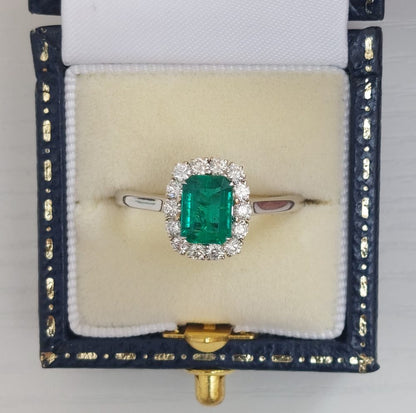 Emerald Cut Emerald and Diamond Cluster Ring in 18ct Gold, 1.13 carats