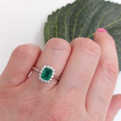 Emerald Cut Emerald and Diamond Cluster Ring in 18ct Gold, 1.13 carats