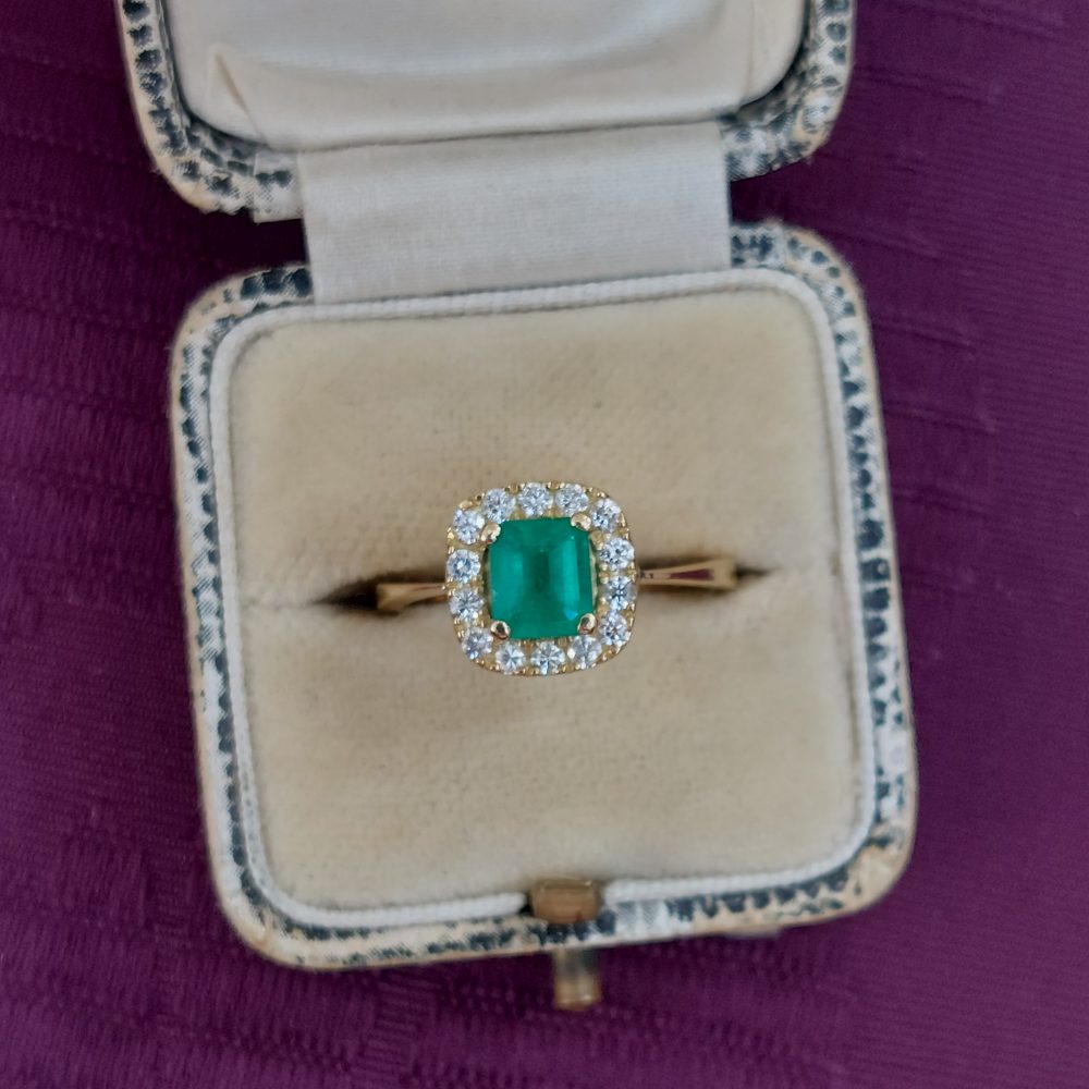 Emerald and Diamond Cushion Cluster Ring