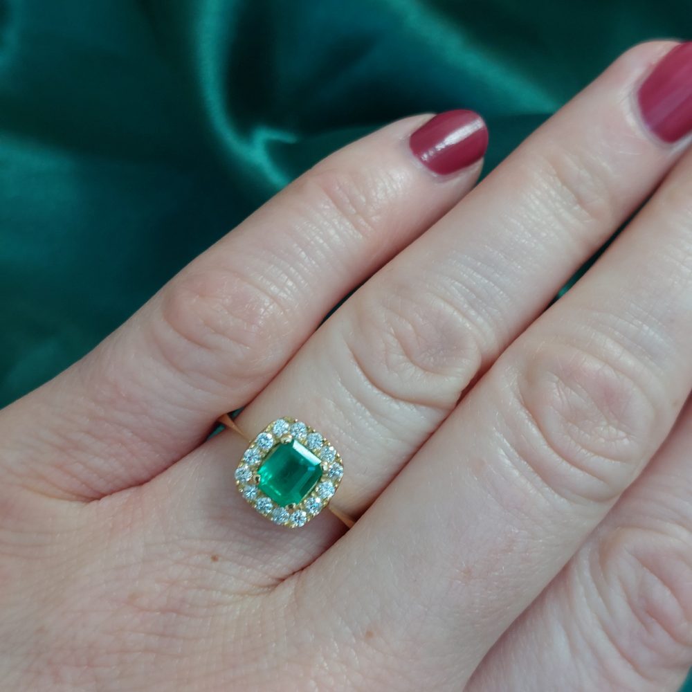 Emerald and Diamond Cushion Cluster Ring