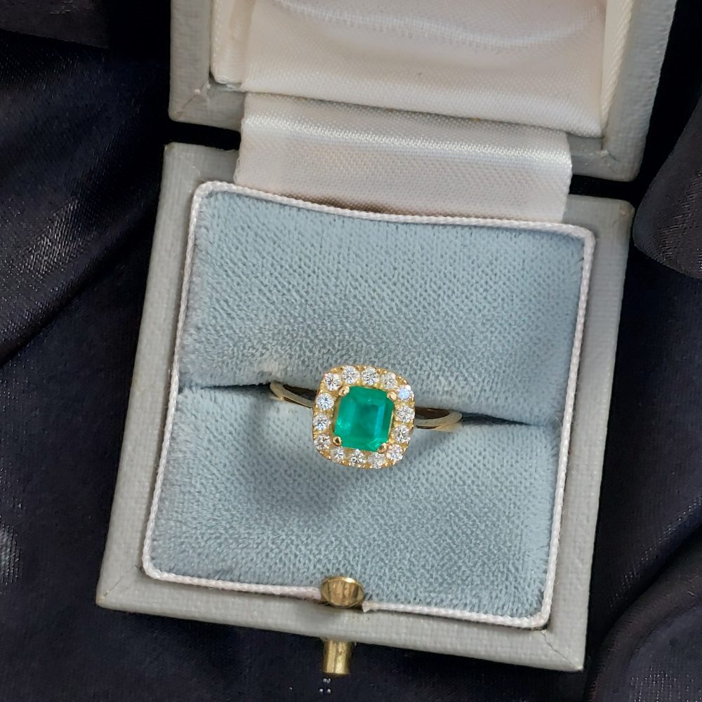 Emerald and Diamond Cushion Cluster Ring
