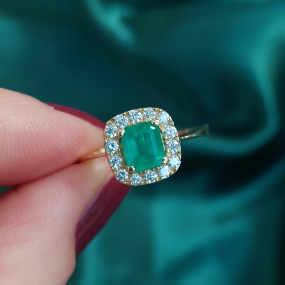 Emerald and Diamond Cushion Cluster Ring