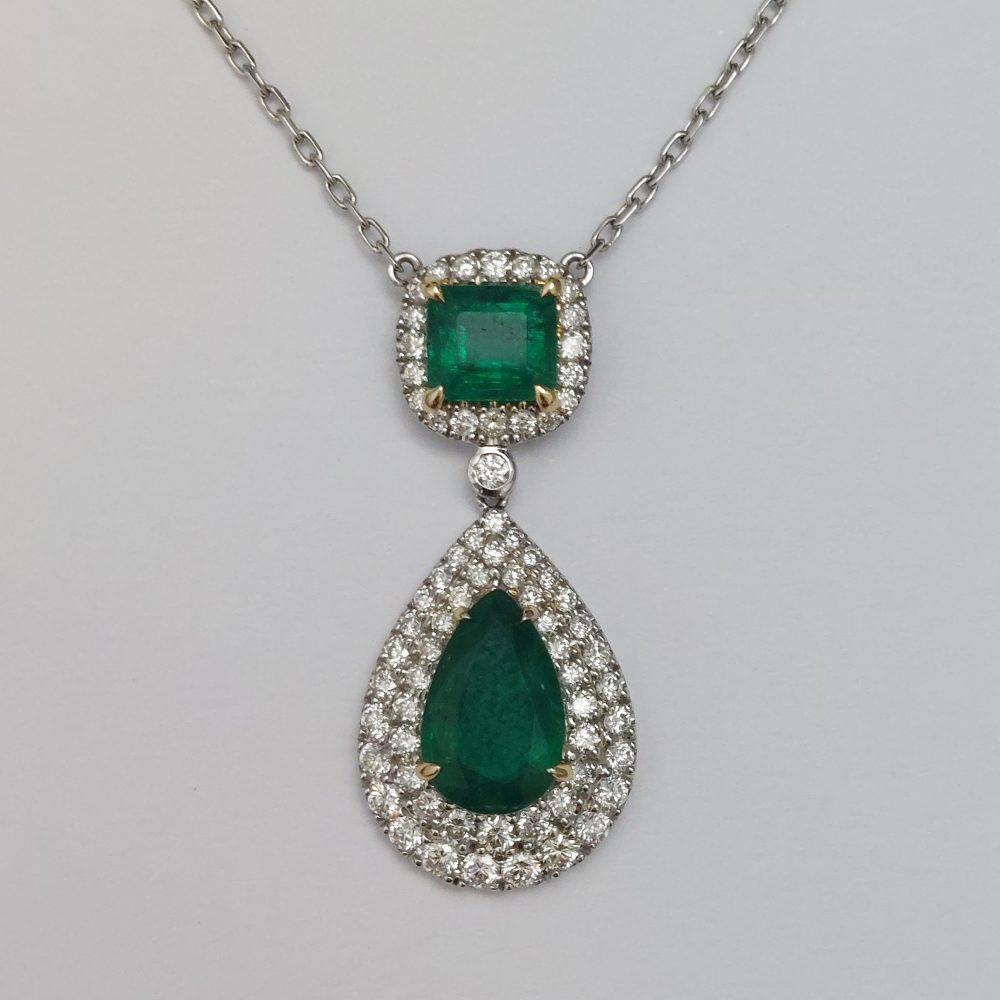 Emerald and Diamond Pendant Drop Necklace