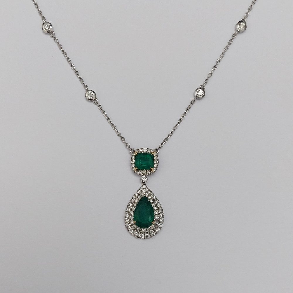 Emerald and Diamond Pendant Drop Necklace