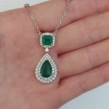 Emerald and Diamond Pendant Drop Necklace