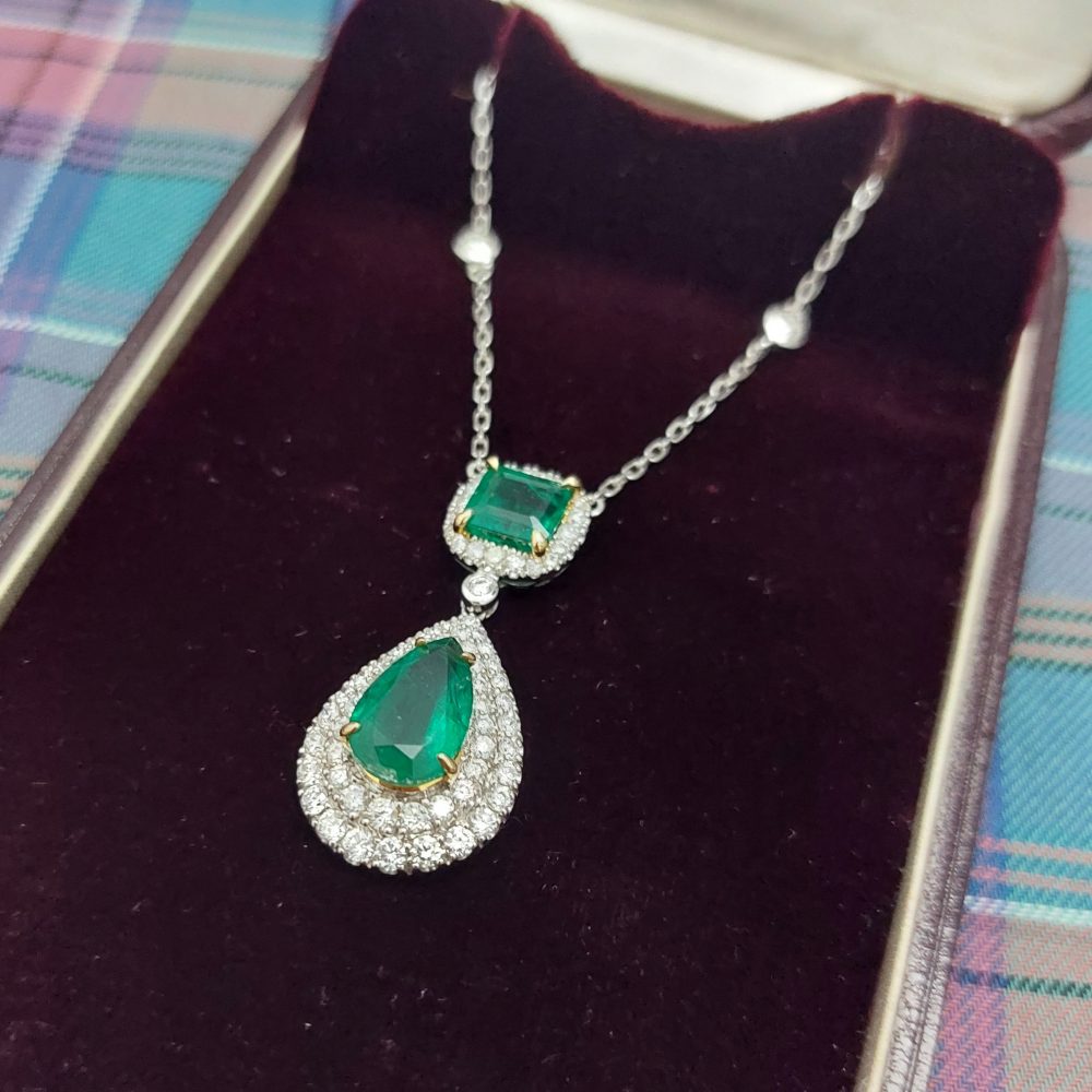 Emerald and Diamond Pendant Drop Necklace