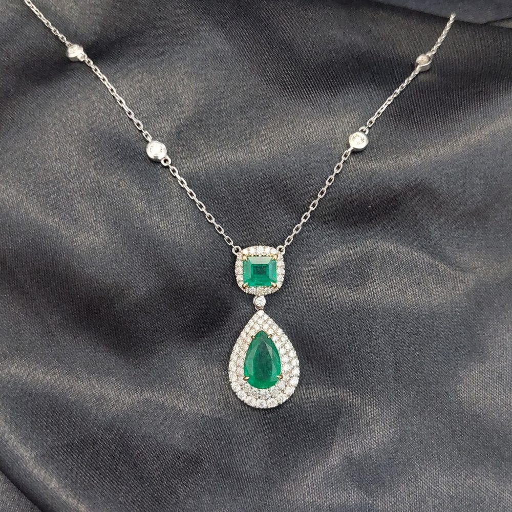 Emerald and Diamond Pendant Drop Necklace