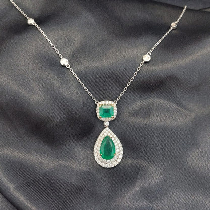 Emerald and Diamond Pendant Drop Necklace