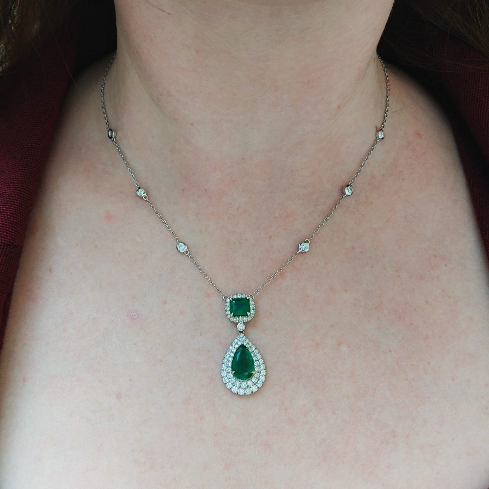 Emerald and Diamond Pendant Drop Necklace