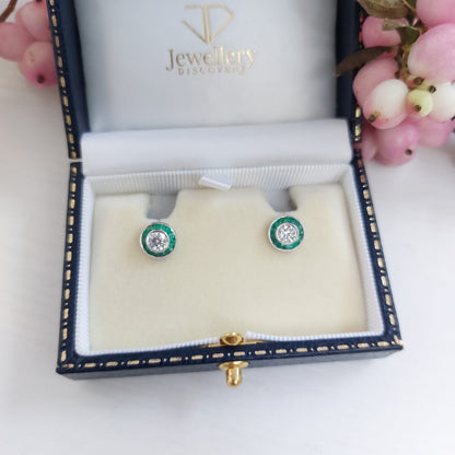 Emerald and Diamond Target Cluster Earrings