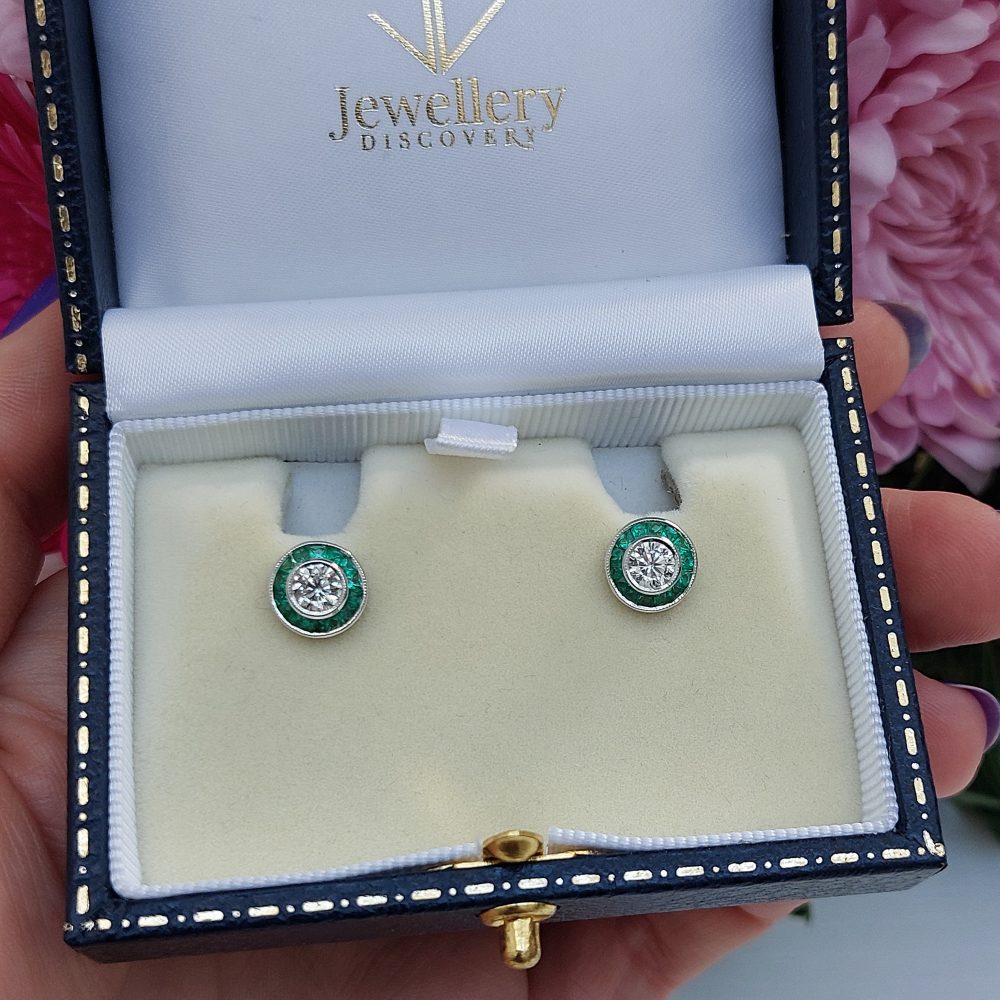 Emerald and Diamond Target Cluster Earrings