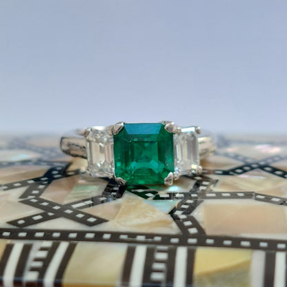 1.65ct Emerald and Diamond Three Stone Ring