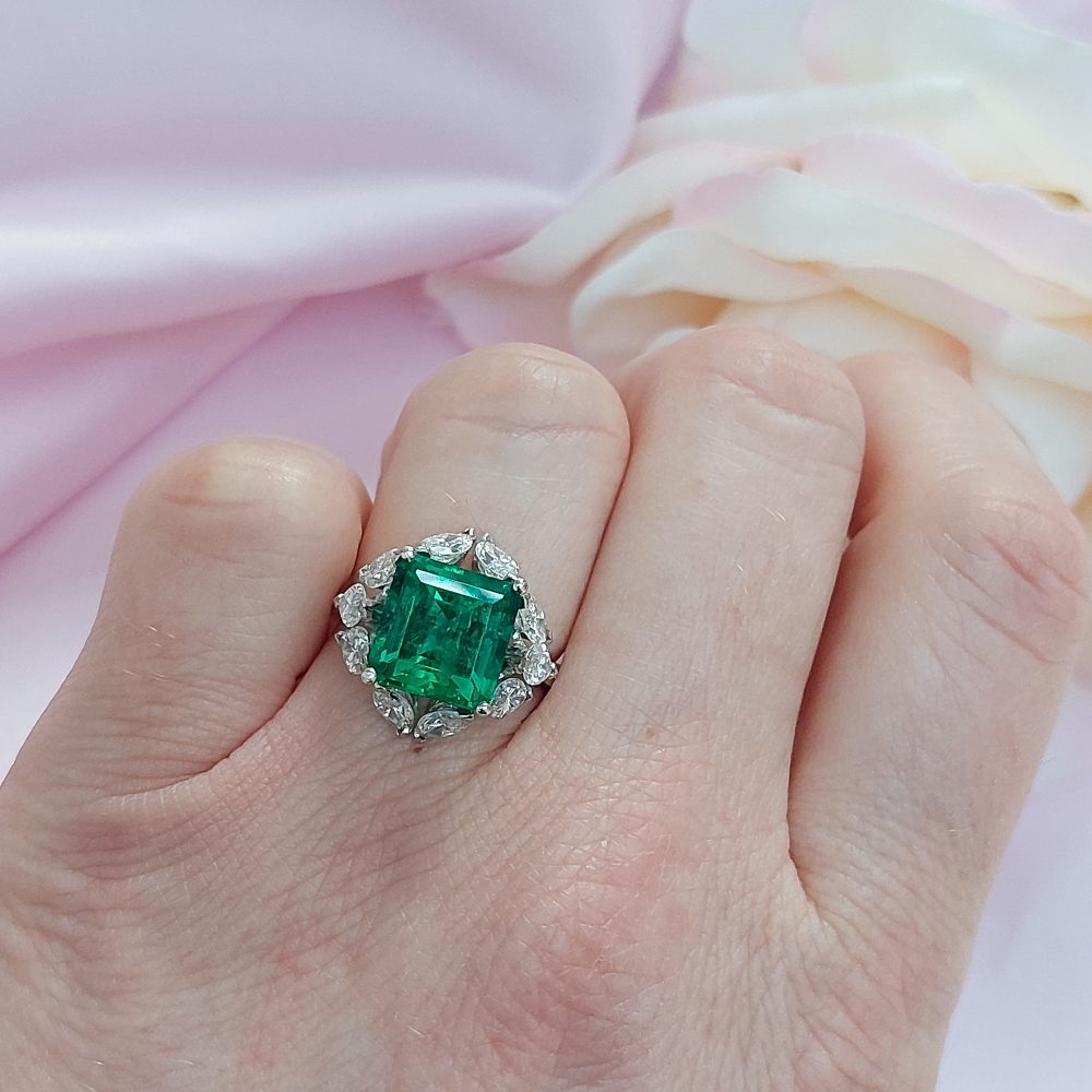 4.17ct Colombian Emerald and Marquise Cut Diamond Ring