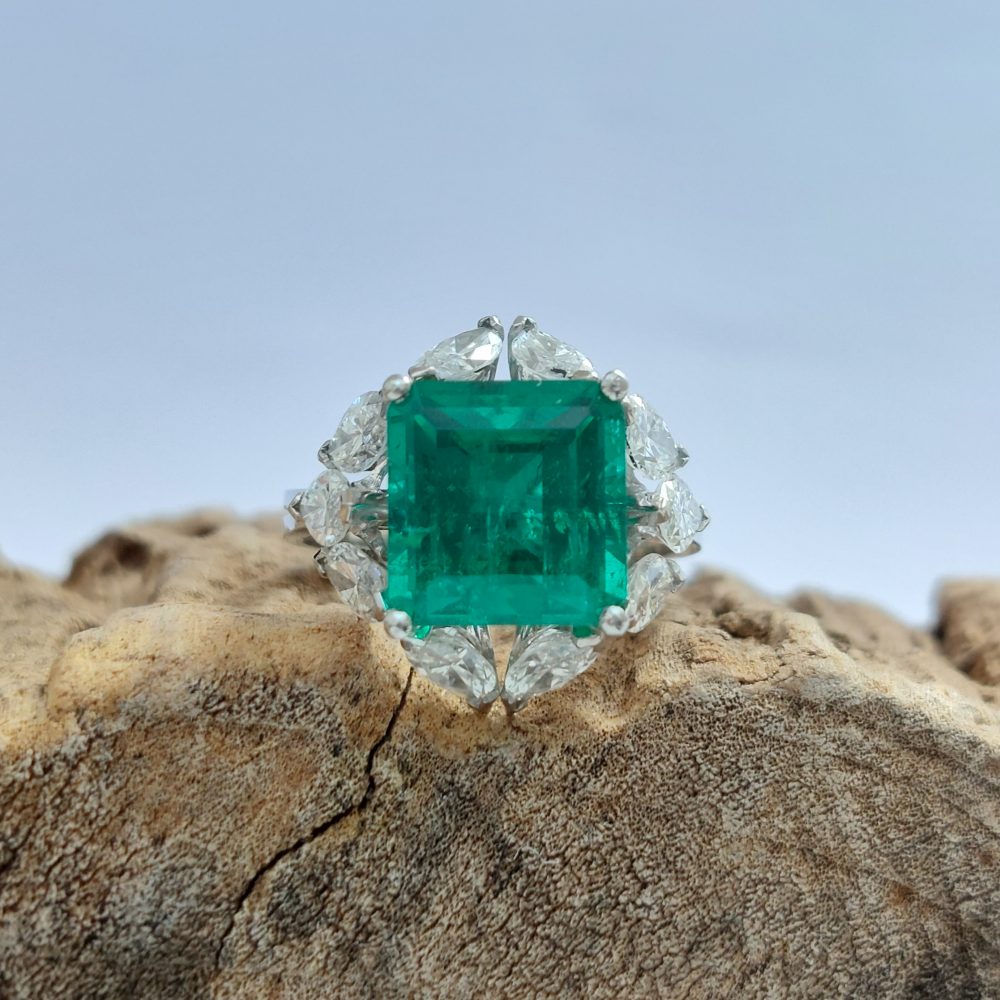 4.17ct Colombian Emerald and Marquise Cut Diamond Ring
