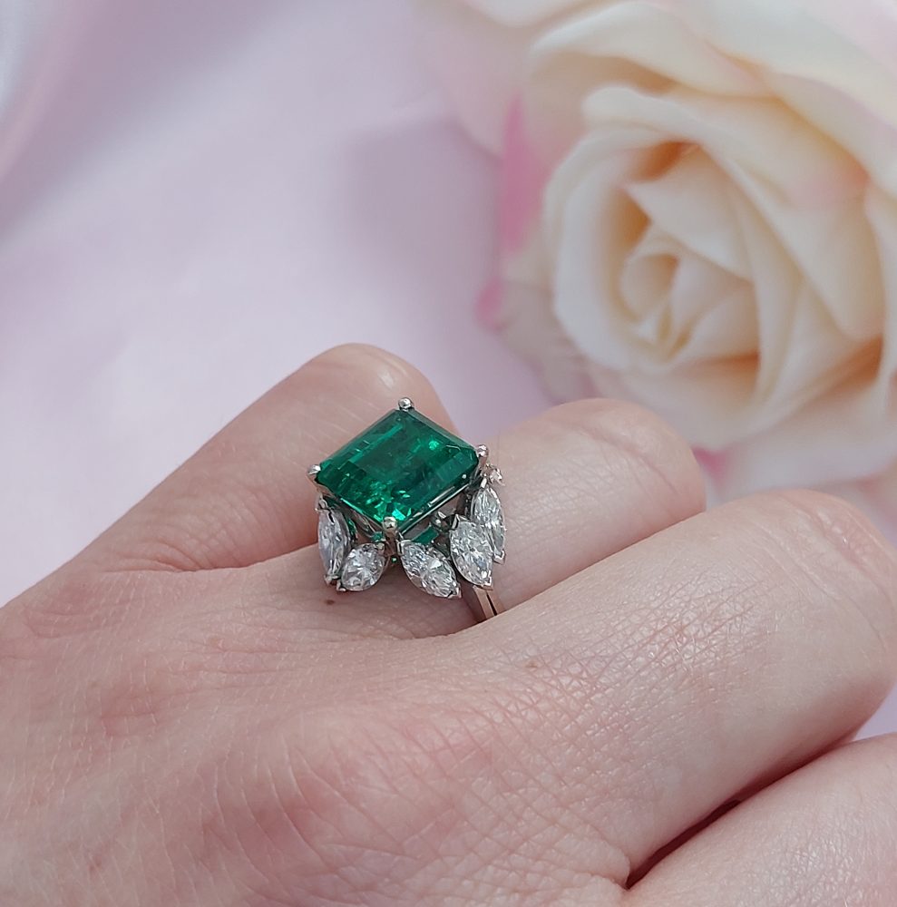 4.17ct Colombian Emerald and Marquise Cut Diamond Ring