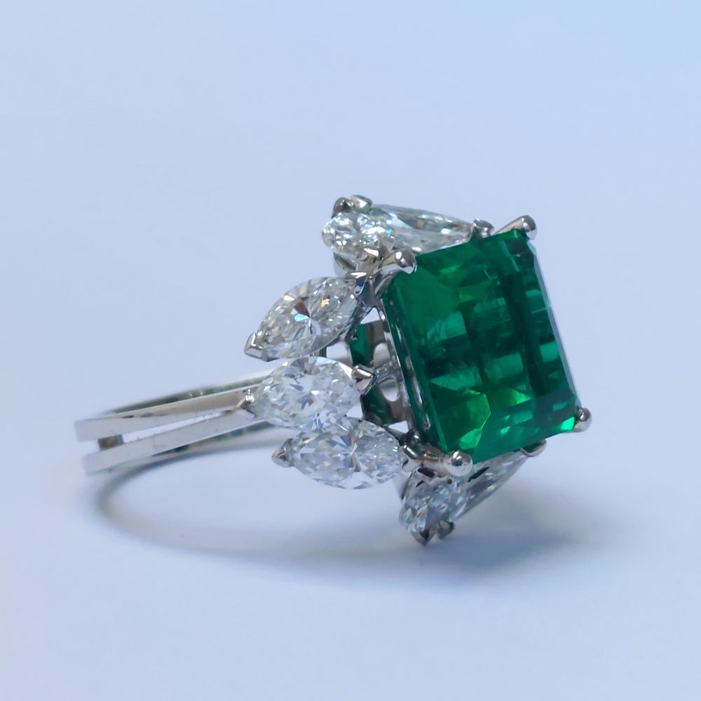 4.17ct Colombian Emerald and Marquise Cut Diamond Ring