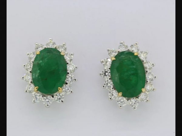 Emerald and diamond cluster earrings, emerald 5.30ct, diamond 1.00ct, stamped 750