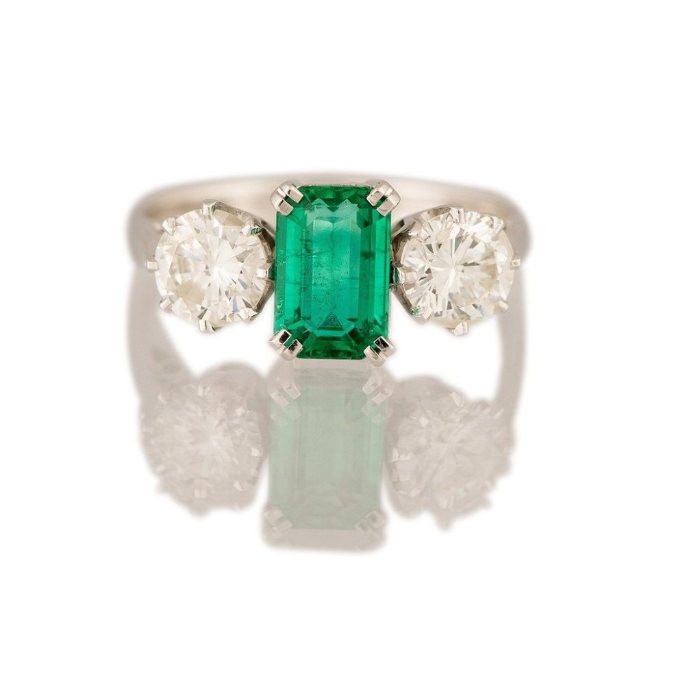 Emerald and Diamond Three Stone Ring, 1.30 carats, 18ct white gold