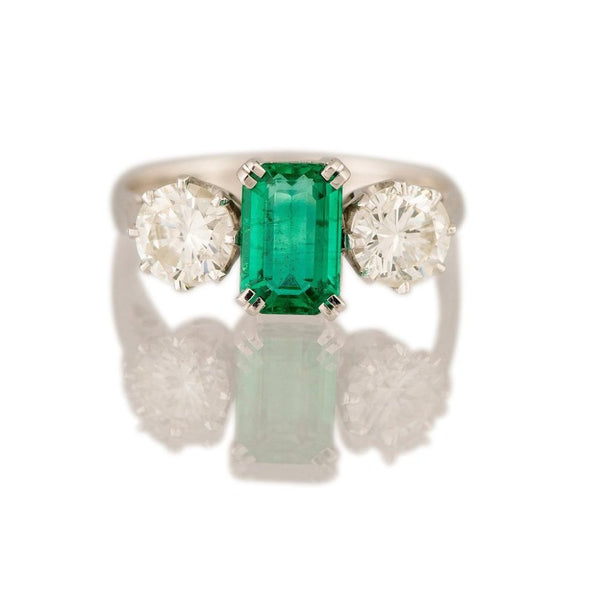 Emerald and Diamond Three Stone Ring, 1.30 carats, 18ct white gold