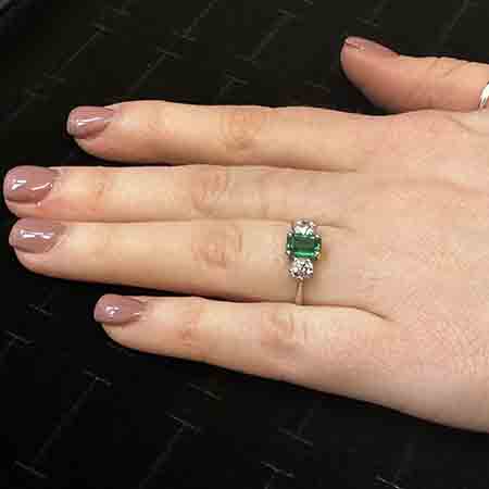 0.92ct Emerald and Diamond Three Stone Ring in Platinum