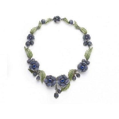 Enamel Sapphire Diamond Flower Necklace