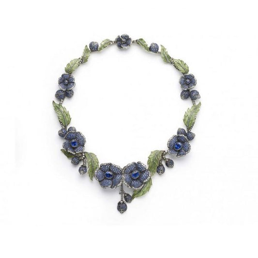 Enamel Sapphire Diamond Flower Necklace