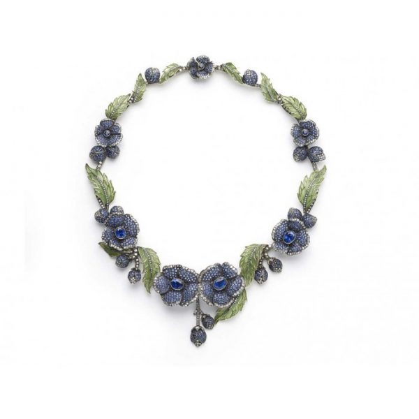 Enamel Sapphire Diamond Flower Necklace