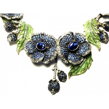 Enamel Sapphire Diamond Flower Necklace
