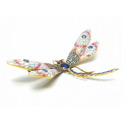 Enamel Sapphire Diamond Gold Dragonfly Brooch