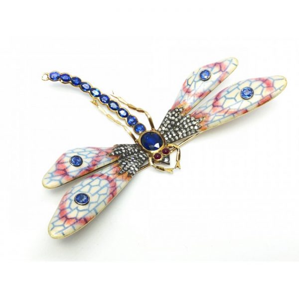 Enamel Sapphire Diamond Gold Dragonfly Brooch