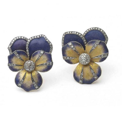 Enamel and Diamond Pansy Flower Earrings