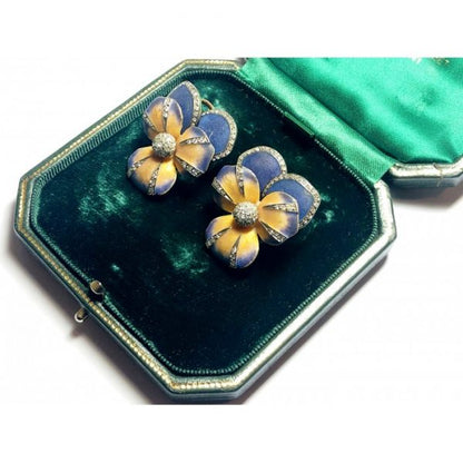 Enamel and Diamond Pansy Flower Earrings