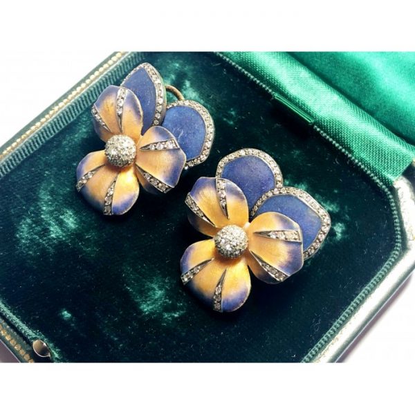 Enamel and Diamond Pansy Flower Earrings