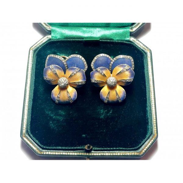 Enamel and Diamond Pansy Flower Earrings