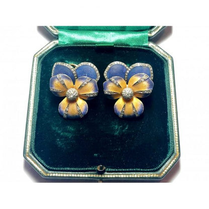 Enamel and Diamond Pansy Flower Earrings