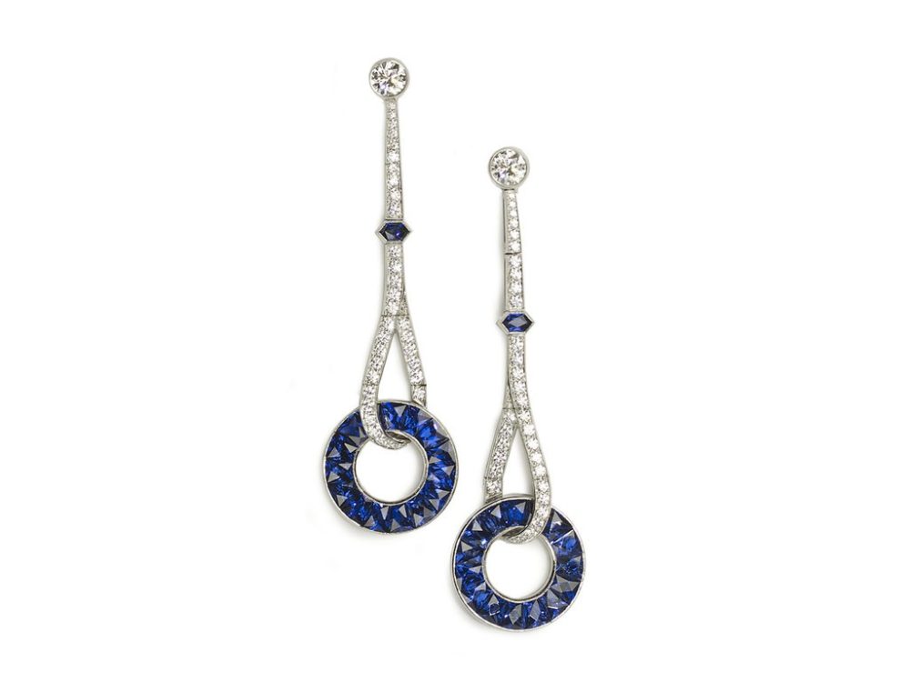 Art Deco Style Sapphire and Diamond Drop Earrings, Platinum
