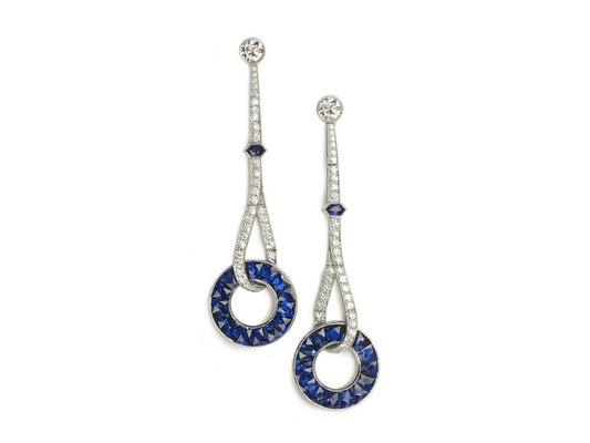 Art Deco Style Sapphire and Diamond Drop Earrings, Platinum